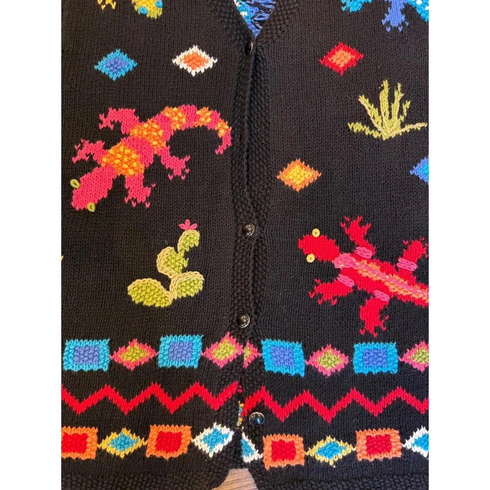 90s Vintage Susan Bristol Lizard Cactus Hand Knit Vest Colorful Women Size 2W